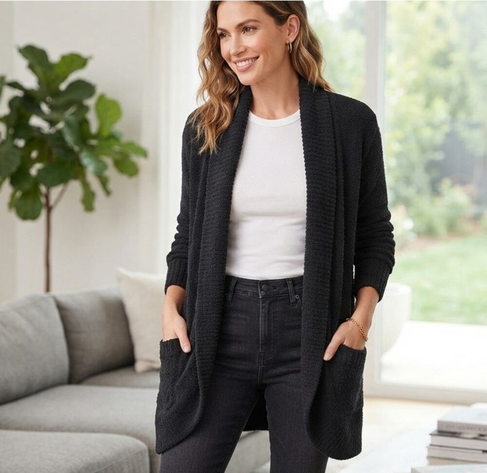 Barefoot Dreams CozyChic Lite Circle Cardigan Black Coastal Minimalist 452 L/XL